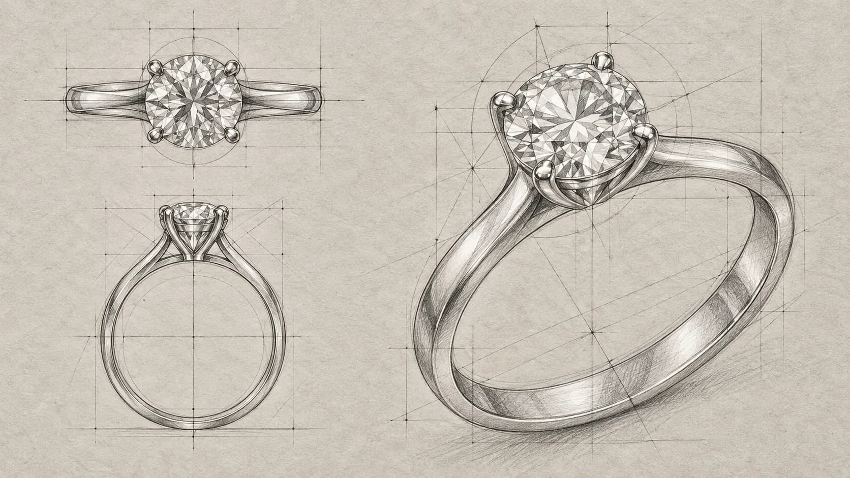 Schiță de bijutier a unui inel solitar cu diamant, văzut din mai multe unghiuri